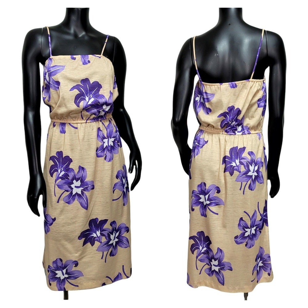 Vintage 70s‎ 80s Sally Lou M/L Beige Purple Tropical Floral Sheath Day Dress